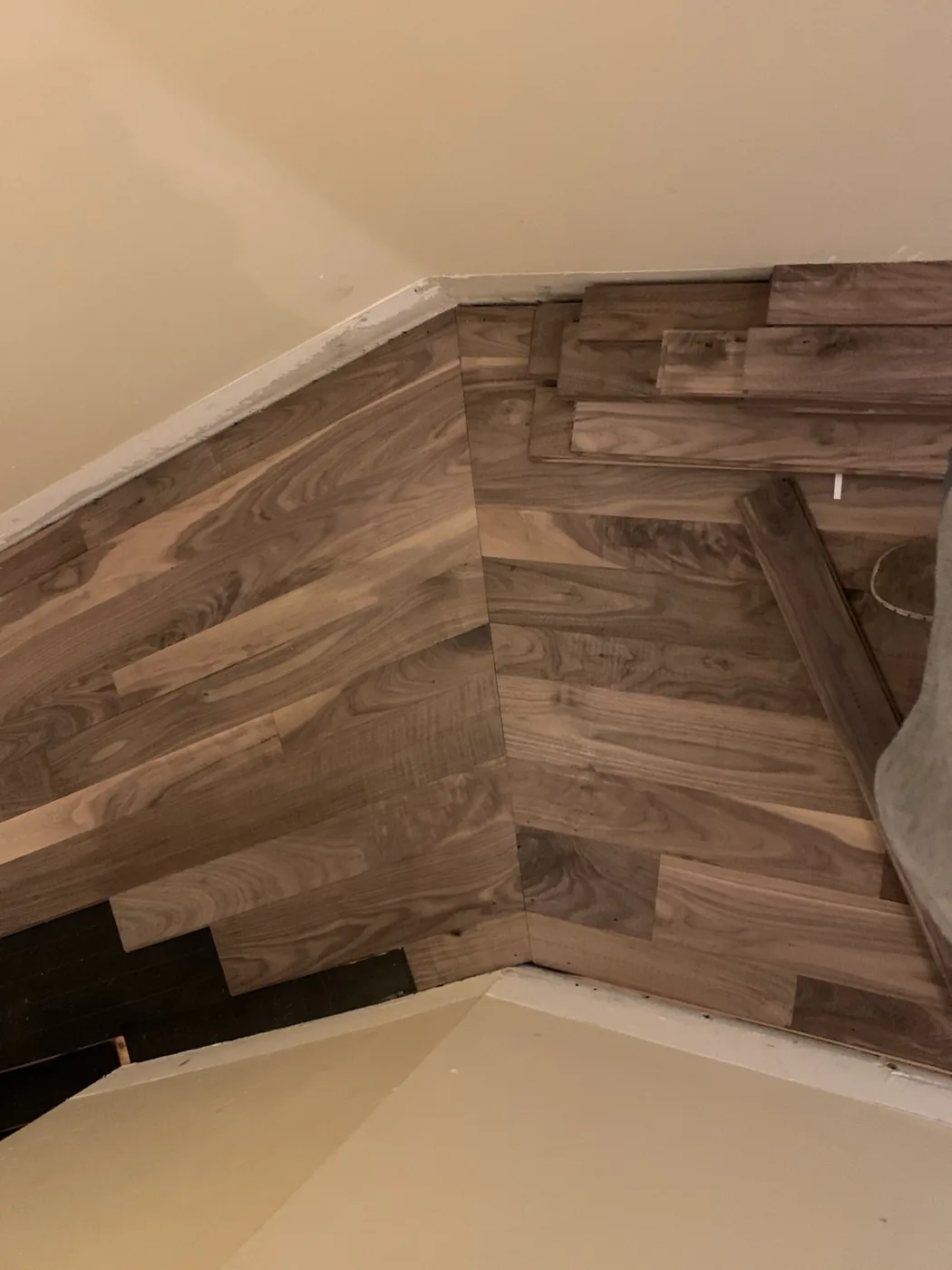 Angled walnut hardwood hallway design in Woodbridge